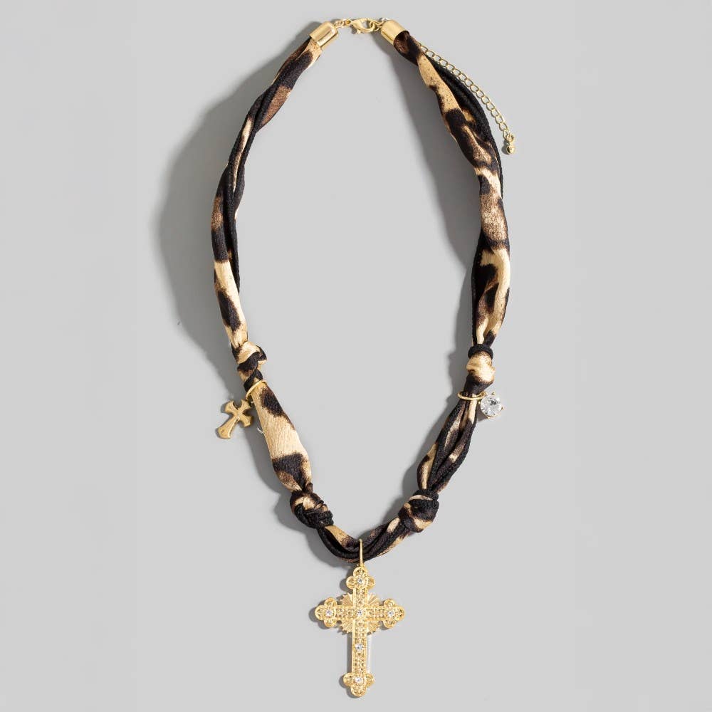 Cross Pendant And Charms Leopard Bandana Necklace