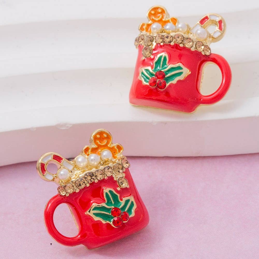 Enamel Pave Christmas Themed Mug Stud Earrings