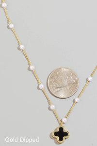 Gold Dipped Pearl Station Beaded Clover Pendant Necklace