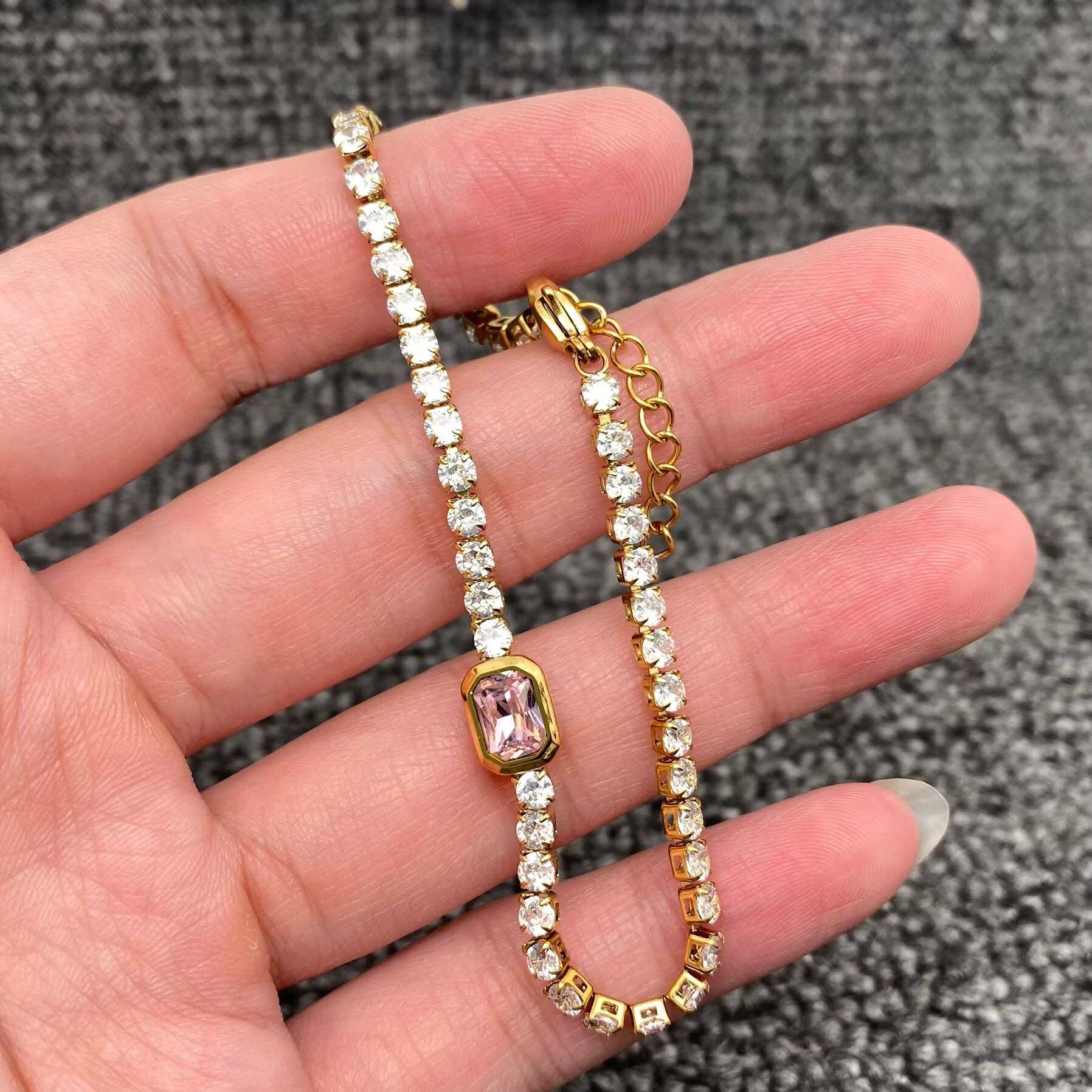 Full Zircon 3mm 18K Gold Plated Stainless Steel Bracelet