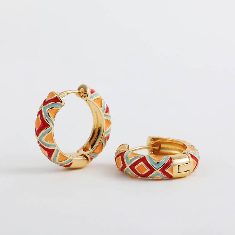VINTAGE CLOISONNE AZTEC HUGGIE HOOP EARRINGS | 40E429