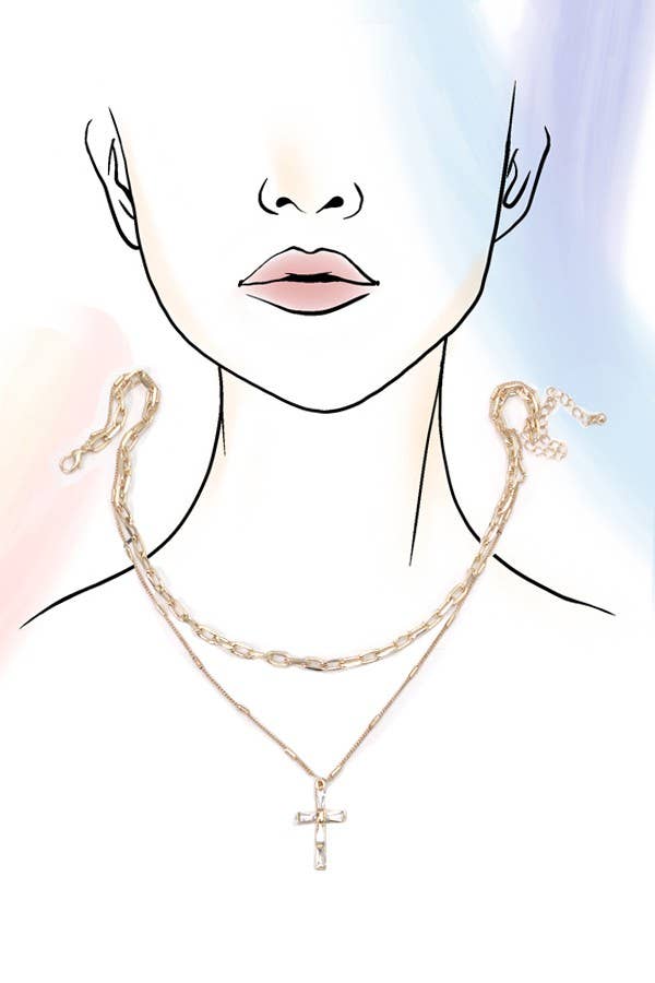 LAYERED GOLD CHAIN WITH RHINESTONE-STYLE CROSS