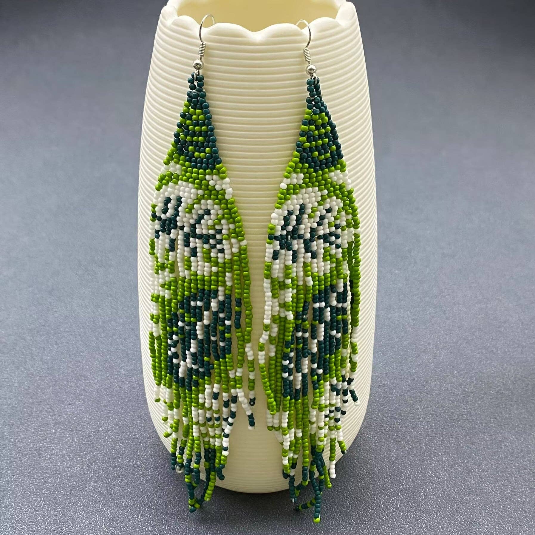 Green Tone Plant Seed Beads Long Fringe Earrings
