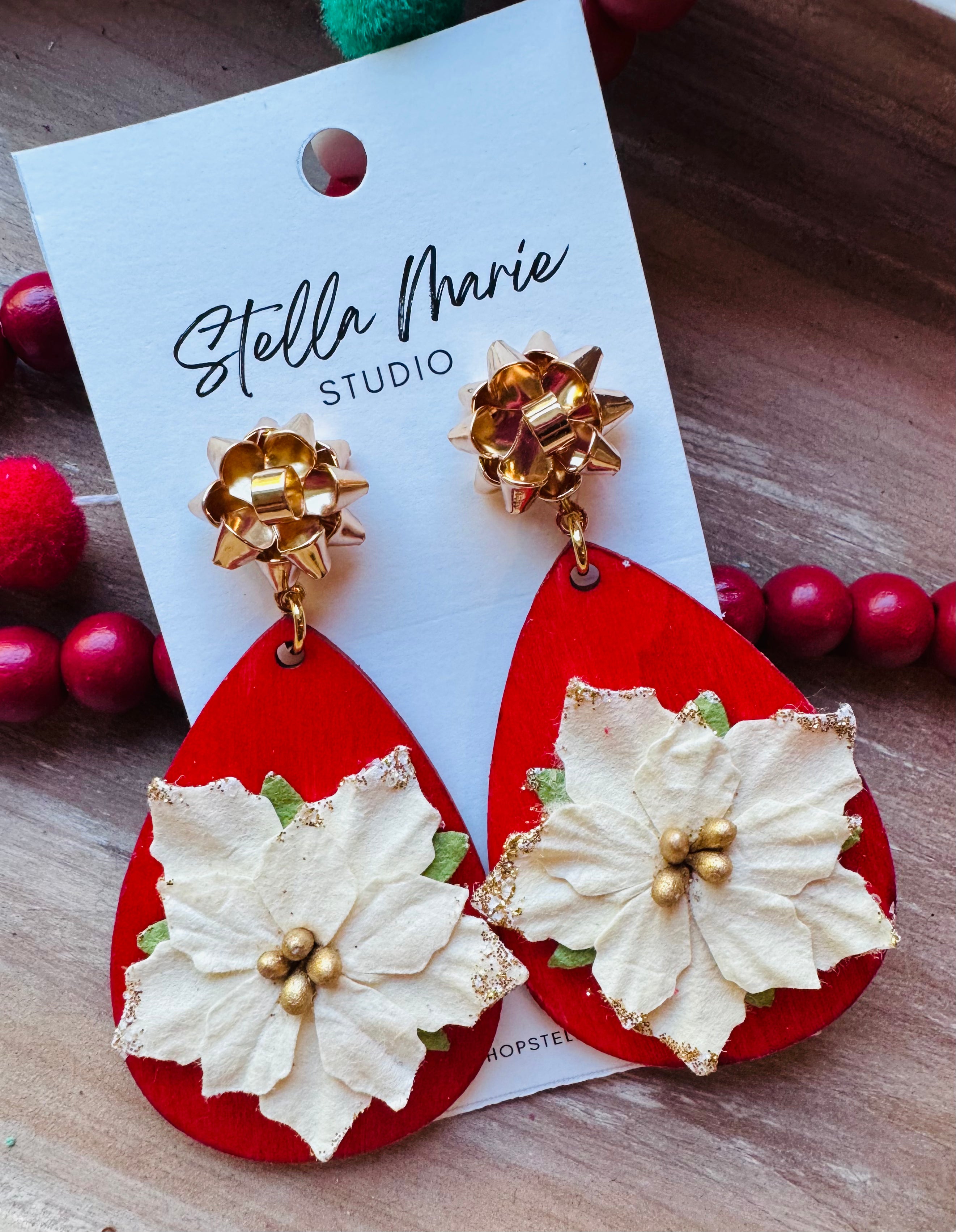 MULTIPLE STYLES: Wooden Poinsettia Teardrop Earrings