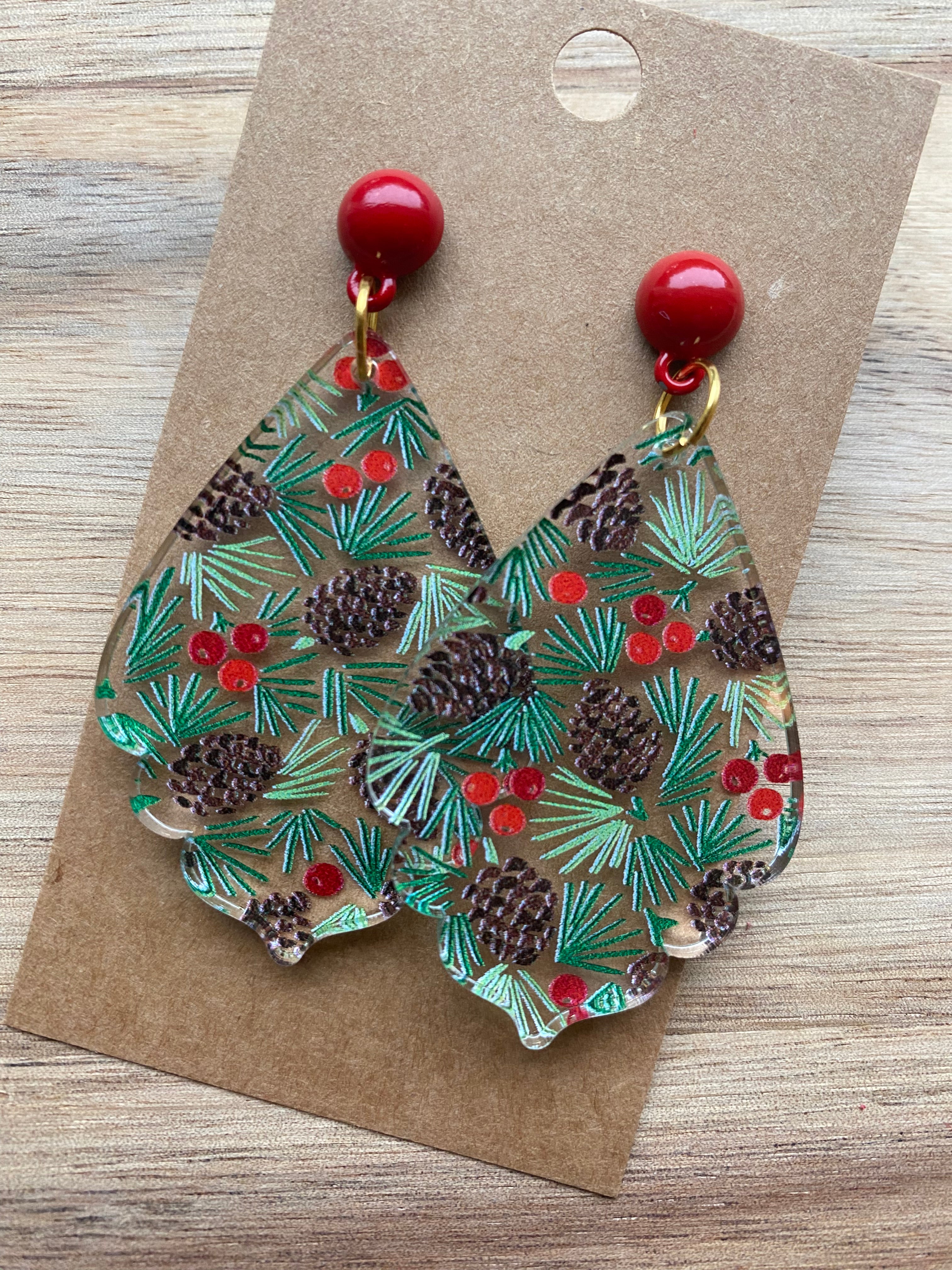 MULTIPLE OPTIONS: Pine Cones & Holly Acrylic Earrings