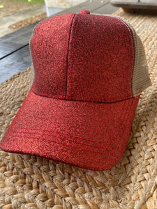 Red Glitter Hat with Beige Mesh