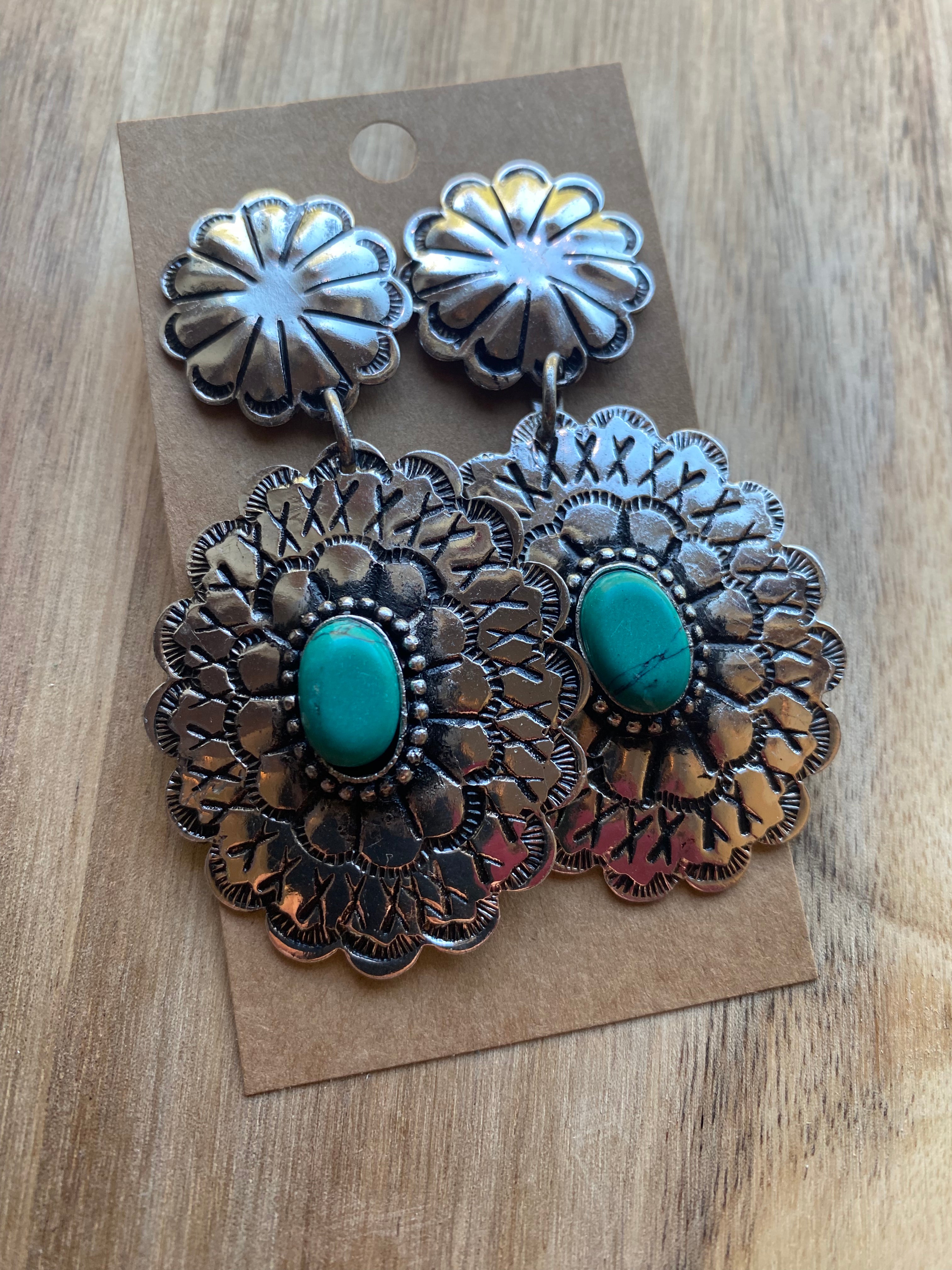 Tiered Turquoise Semi-Stone Concho Dangle Earrings