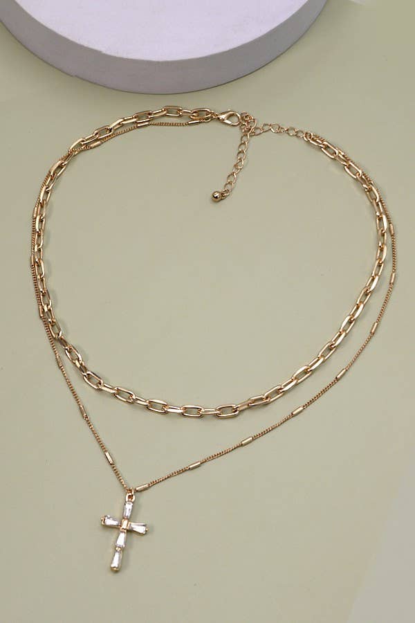 LAYERED GOLD CHAIN WITH RHINESTONE-STYLE CROSS