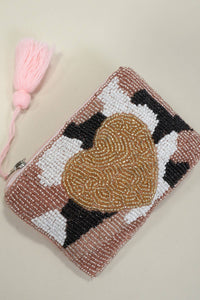 HEART GOLD TASSEL SEED BEADED COIN PURSE