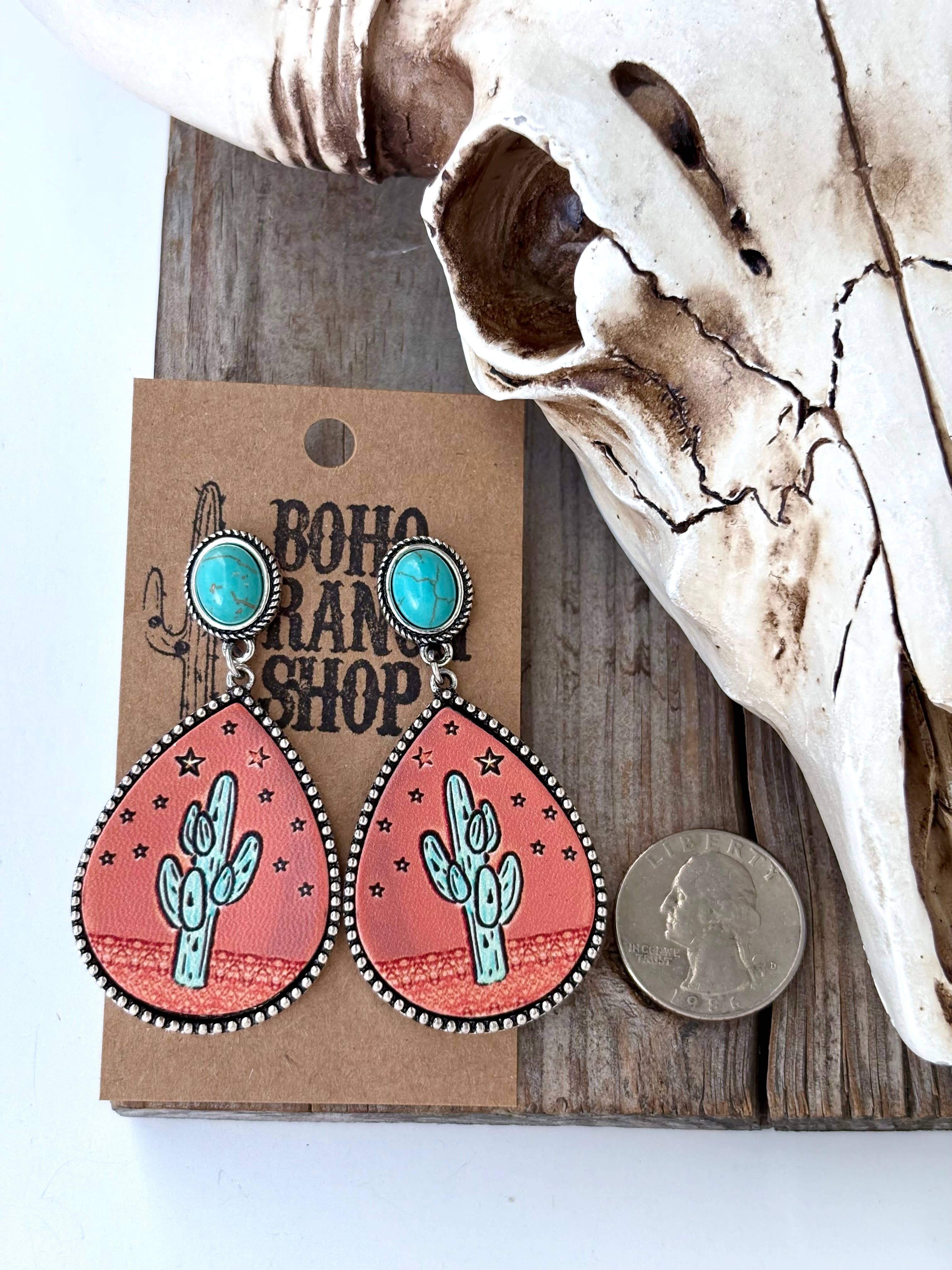 Western Style Oval Stone & Leather Cactus Post Drop Earrings