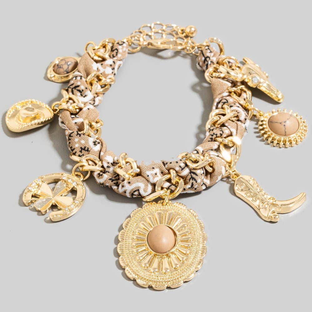 Western Stone Set Concho Charms Paisley Bandana And Chain Braided Bracelet