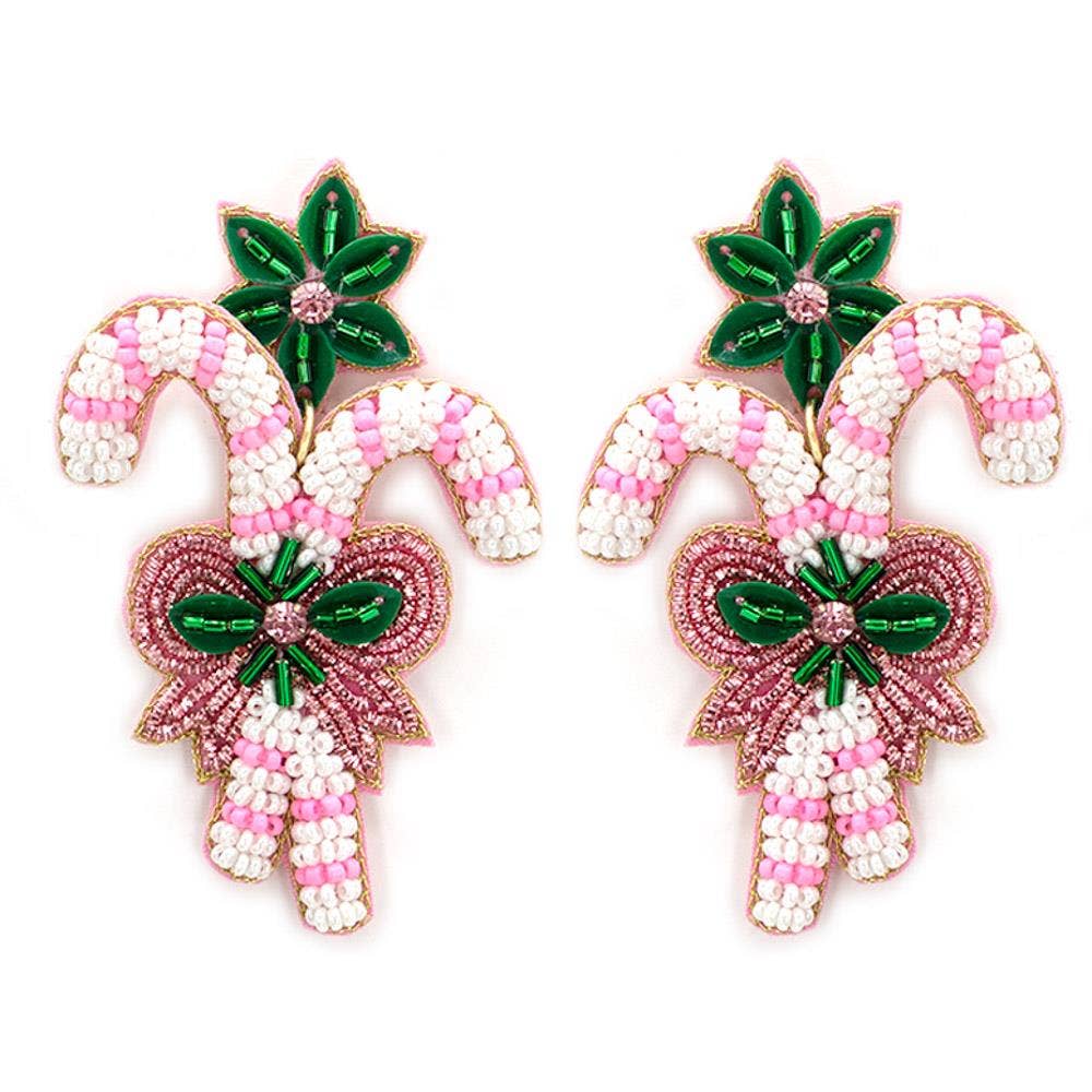 SEED BEAD CHRISTMAS CANDY CANE DANGLE POST EARRINGS