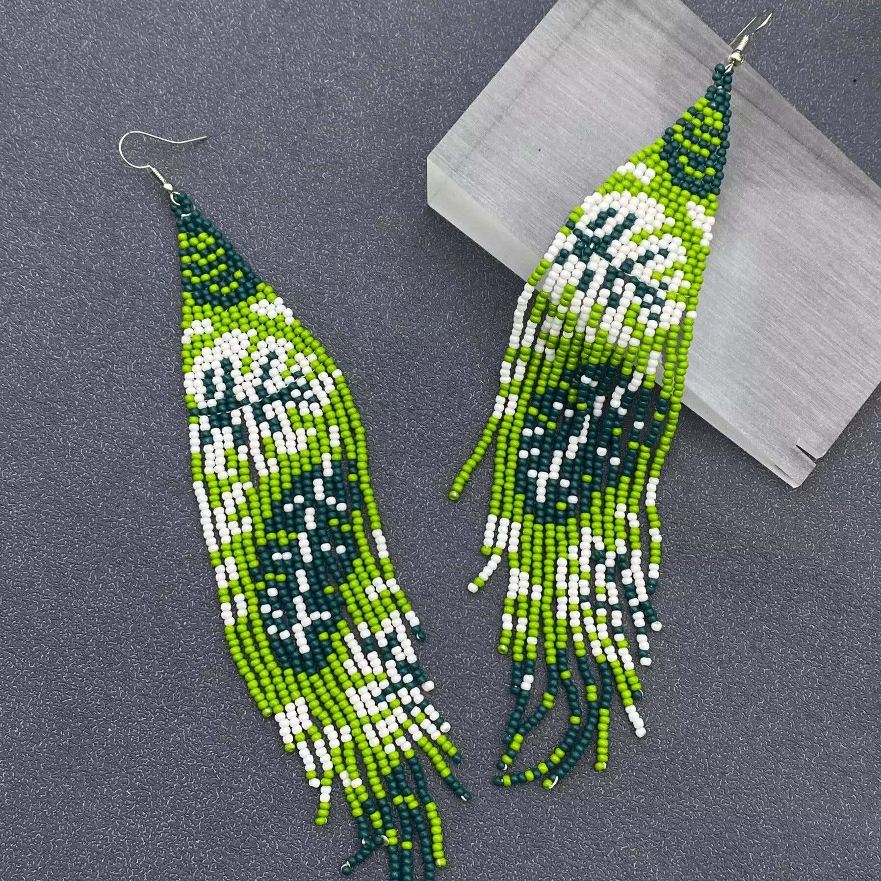 Green Tone Plant Seed Beads Long Fringe Earrings