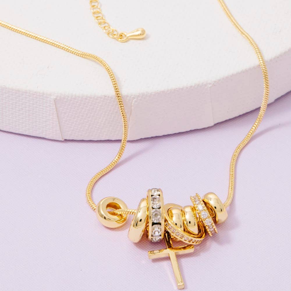 Gold Dipped Cz Multi Ring Charms Chain Necklace