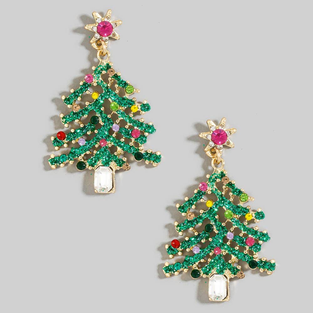 Studded Christmas Tree Holiday Dangle Earrings