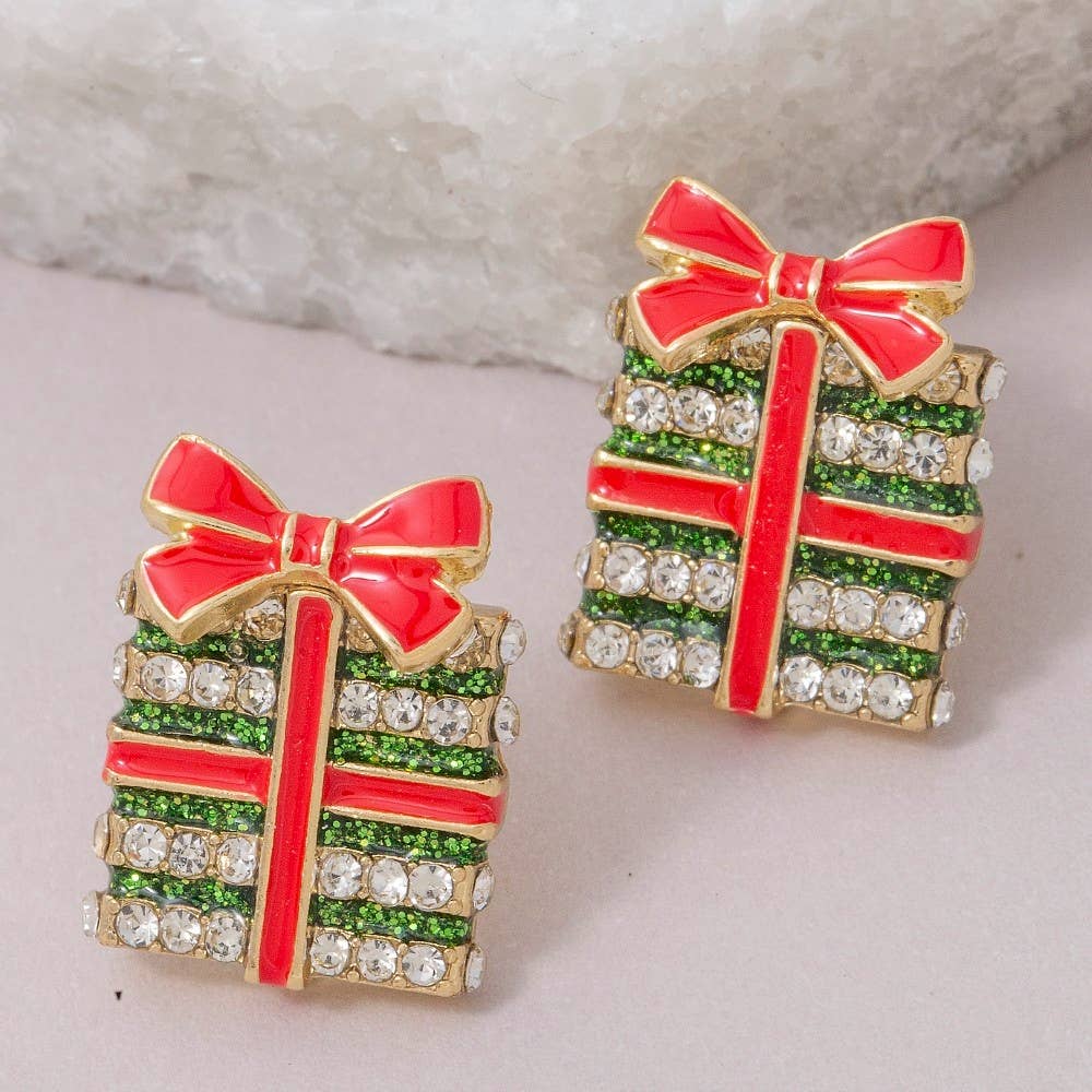 Enamel Pave Christmas Present Stud Earrings