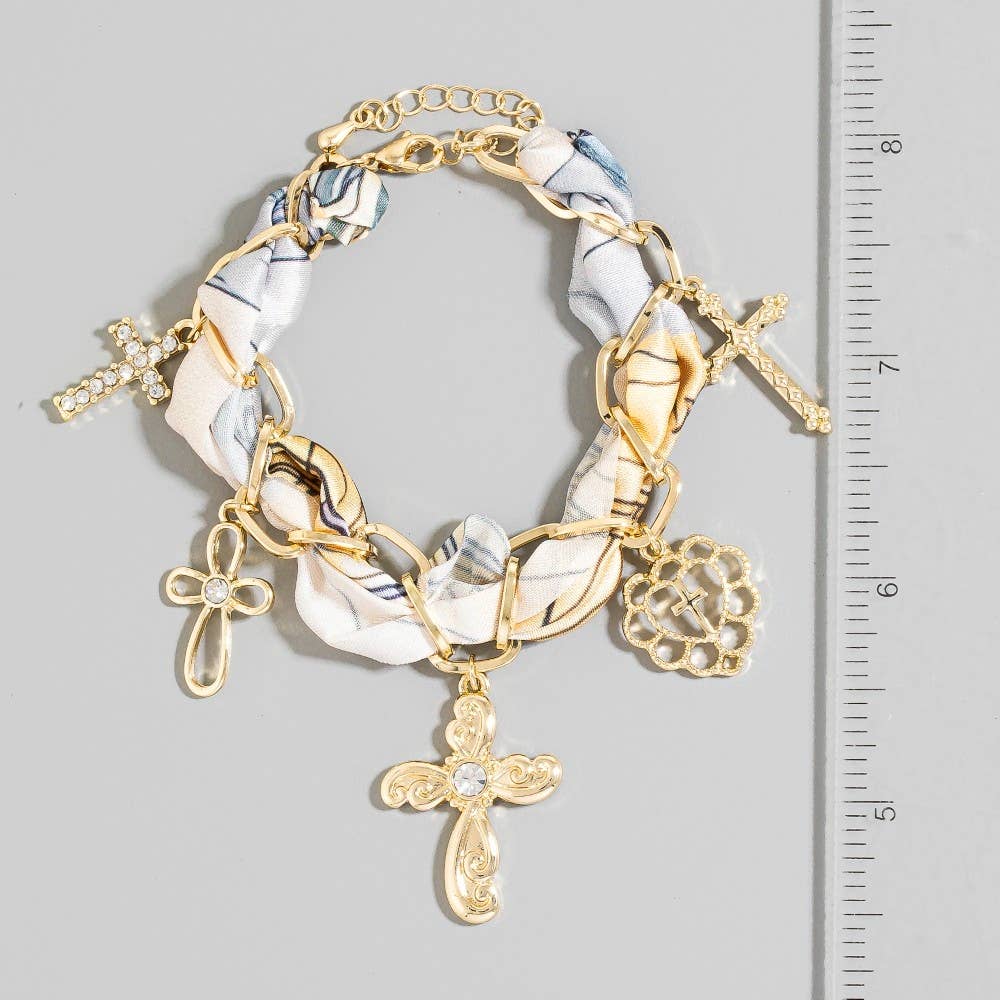 Heart And Cross Charms Bandana Chain Braided Bracelet