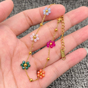 5 Color Glass Beaded Flowers 18K Gold Plated SS Bracelet