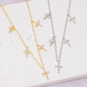 Gold Dipped Cz And Pearl Cross Charms Necklace