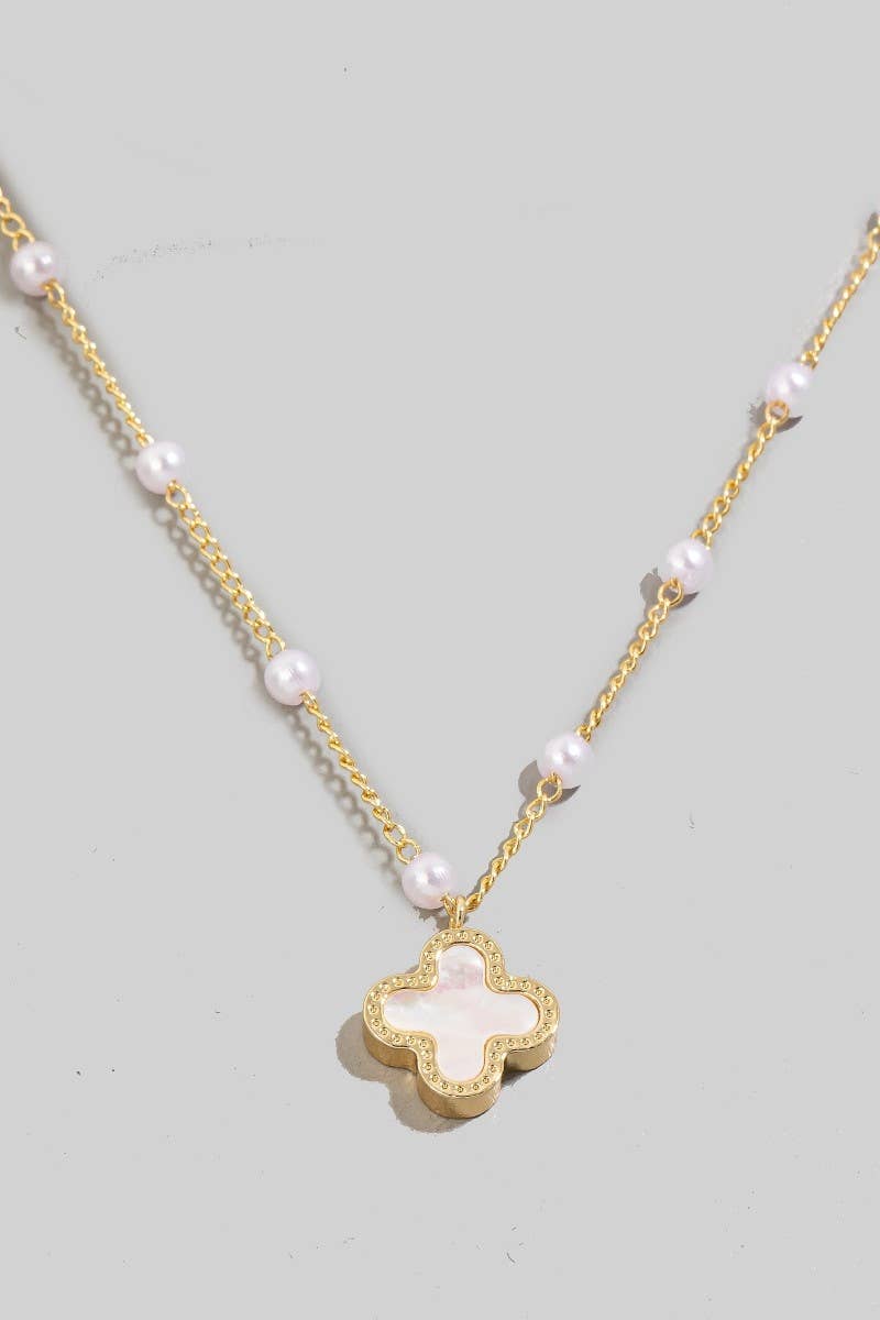 Gold Dipped Pearl Station Beaded Clover Pendant Necklace