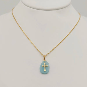 Natural Stone Stainless Steel Cross Pendant Necklace