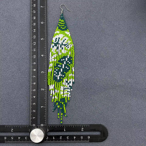 Green Tone Plant Seed Beads Long Fringe Earrings