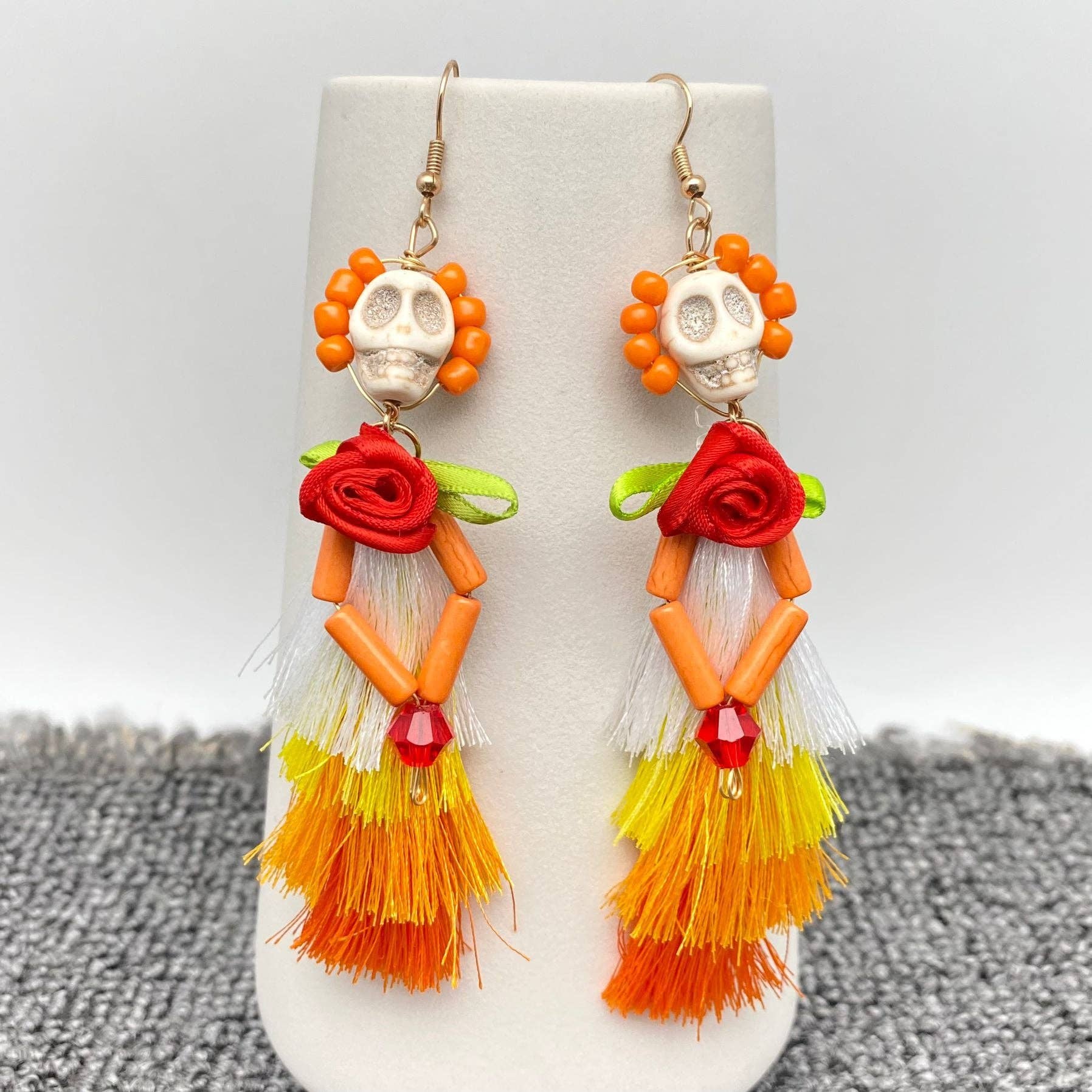 Halloween Skull Lady with Corsage Tassel Earrings