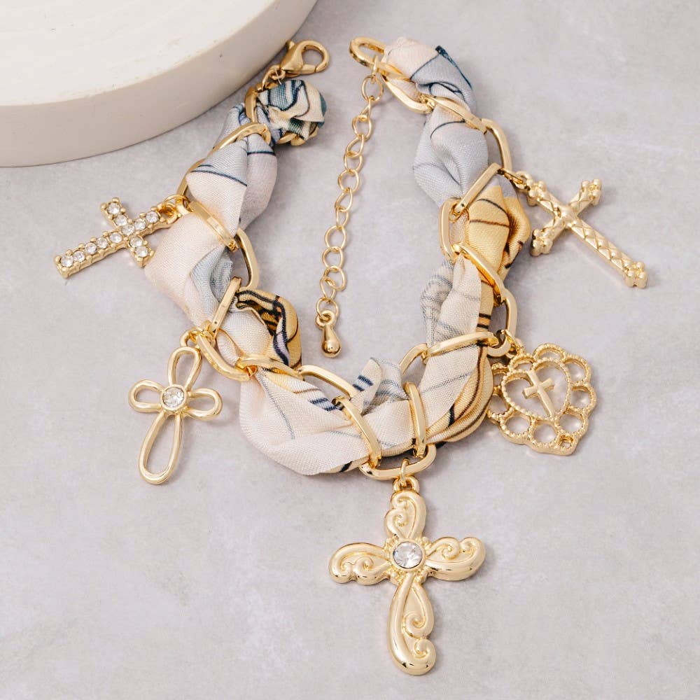 Heart And Cross Charms Bandana Chain Braided Bracelet