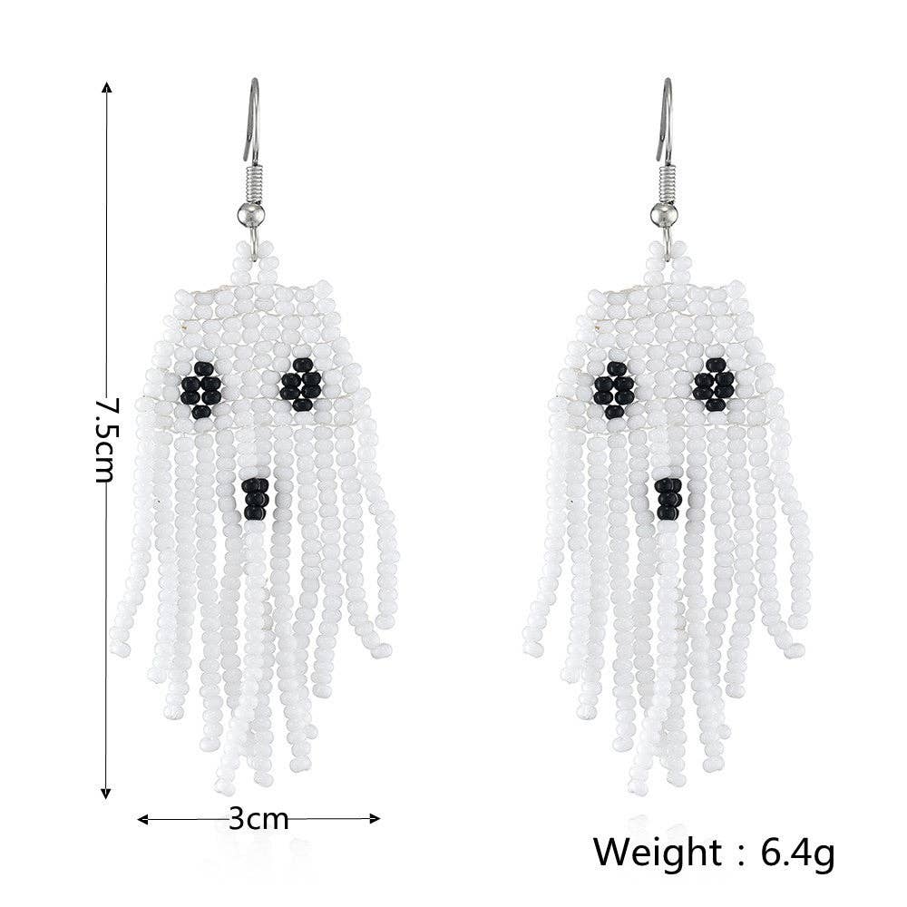 Ghost Seed Bead Tassel Earrings
