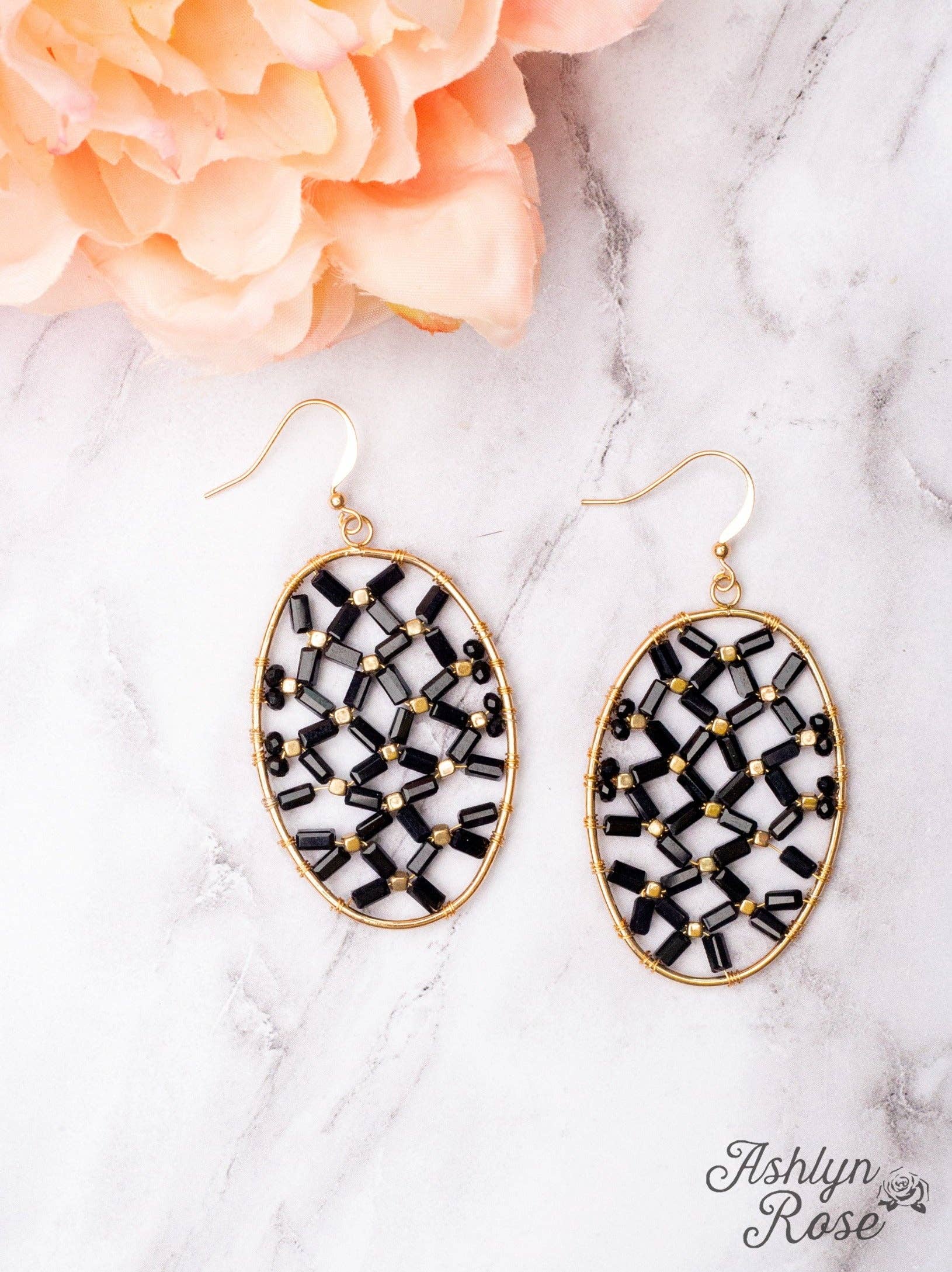 NAPA VALLEY BLACK BEAD OVAL DANGLE EARRINGS