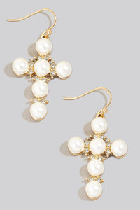 Intricate Halo Set Pearl Beaded Cross Earrings