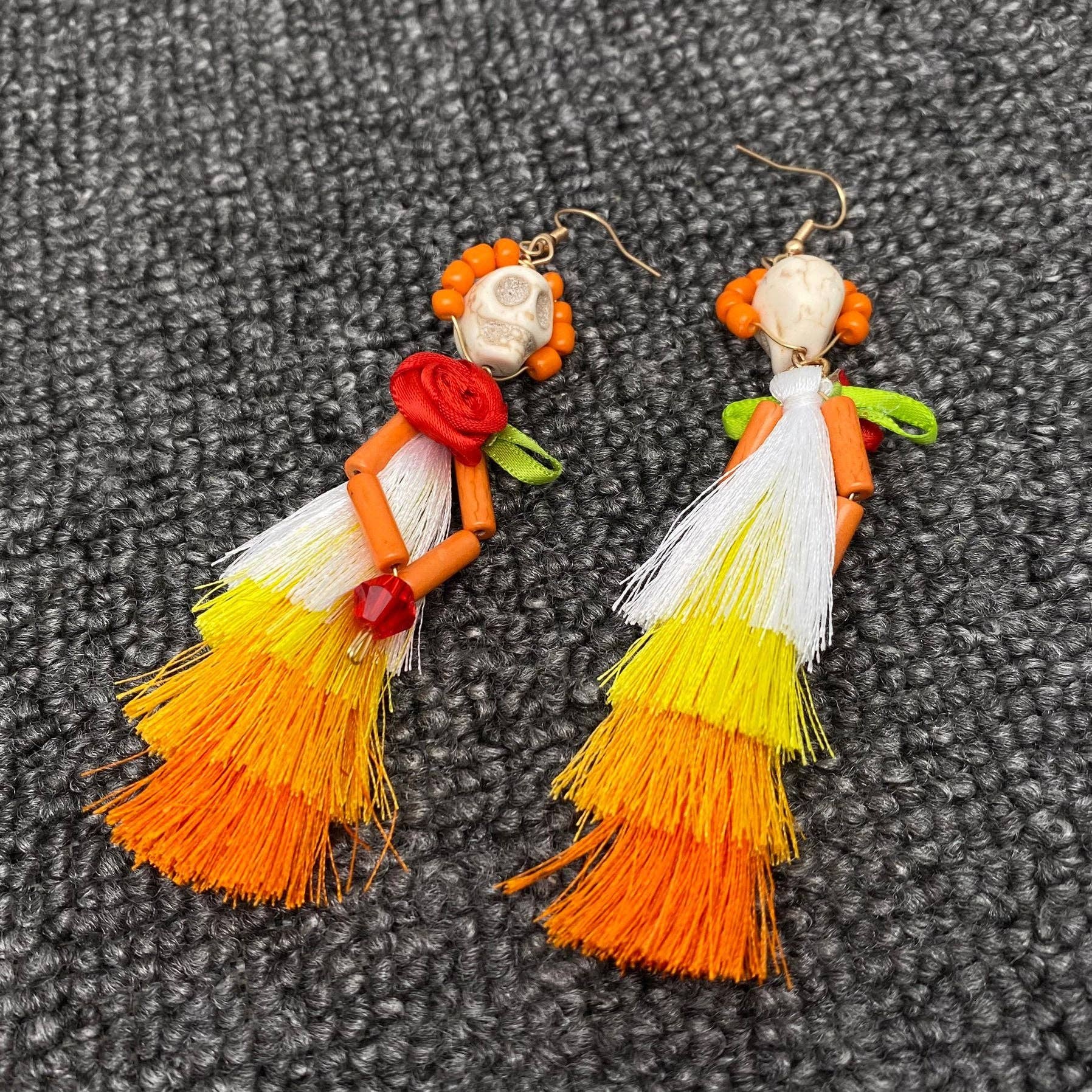 Halloween Skull Lady with Corsage Tassel Earrings