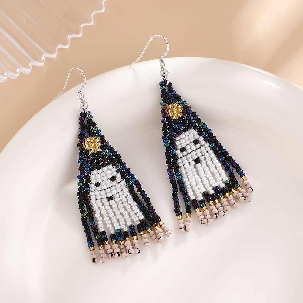 Ghost Seed Bead Tassel Earrings