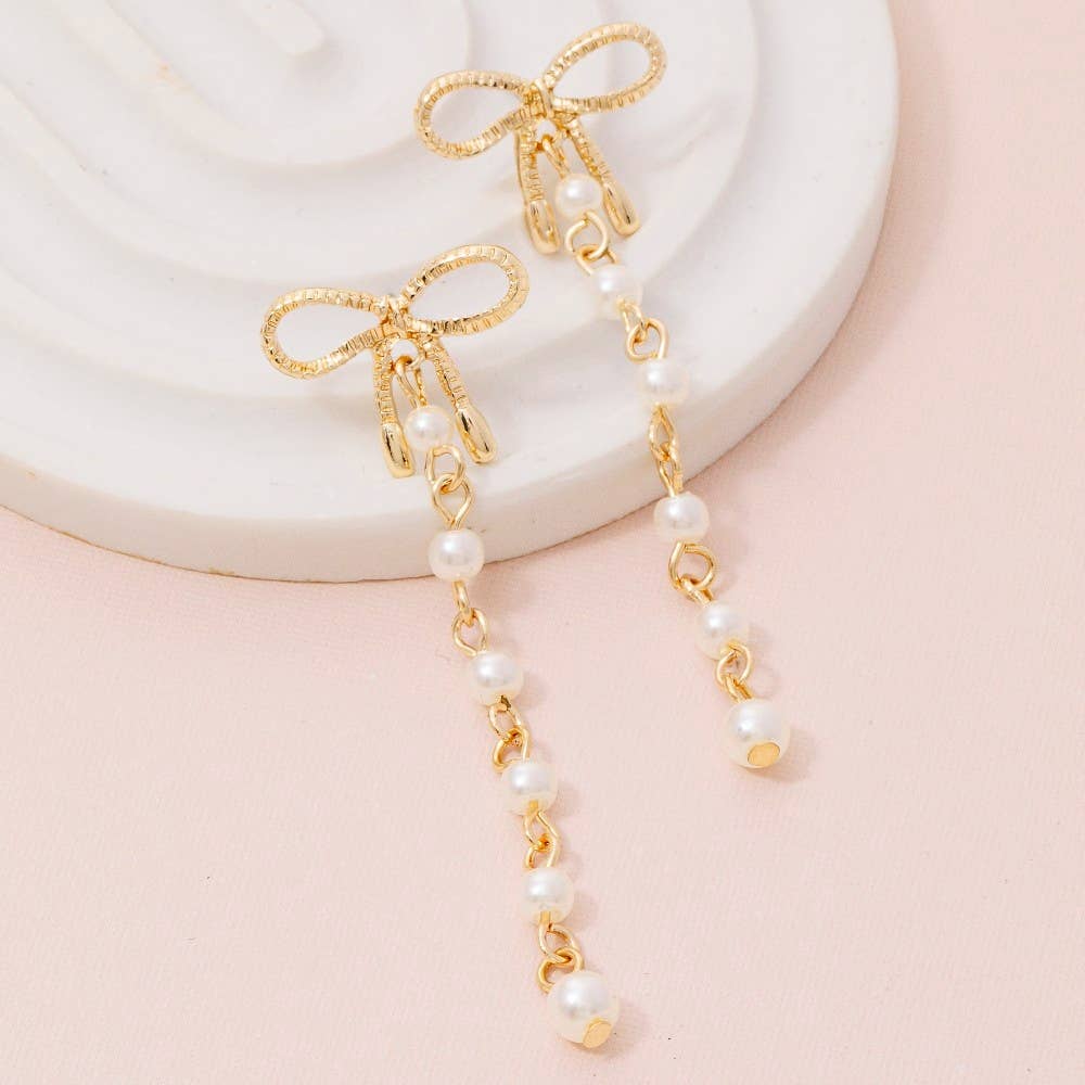 Ribbon Bow Stud And Pearl Chain Dangle Earrings