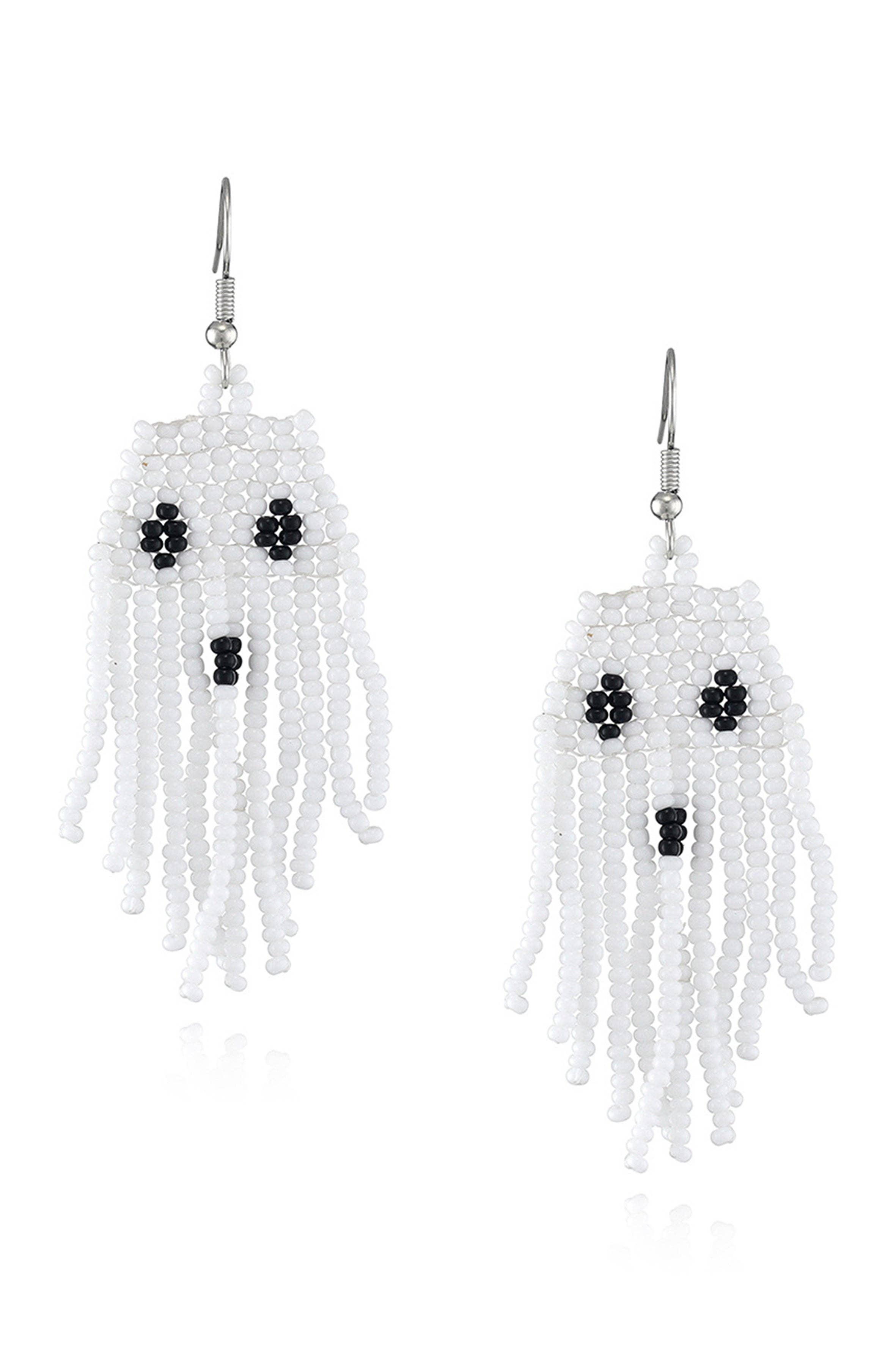 Ghost Seed Bead Tassel Earrings