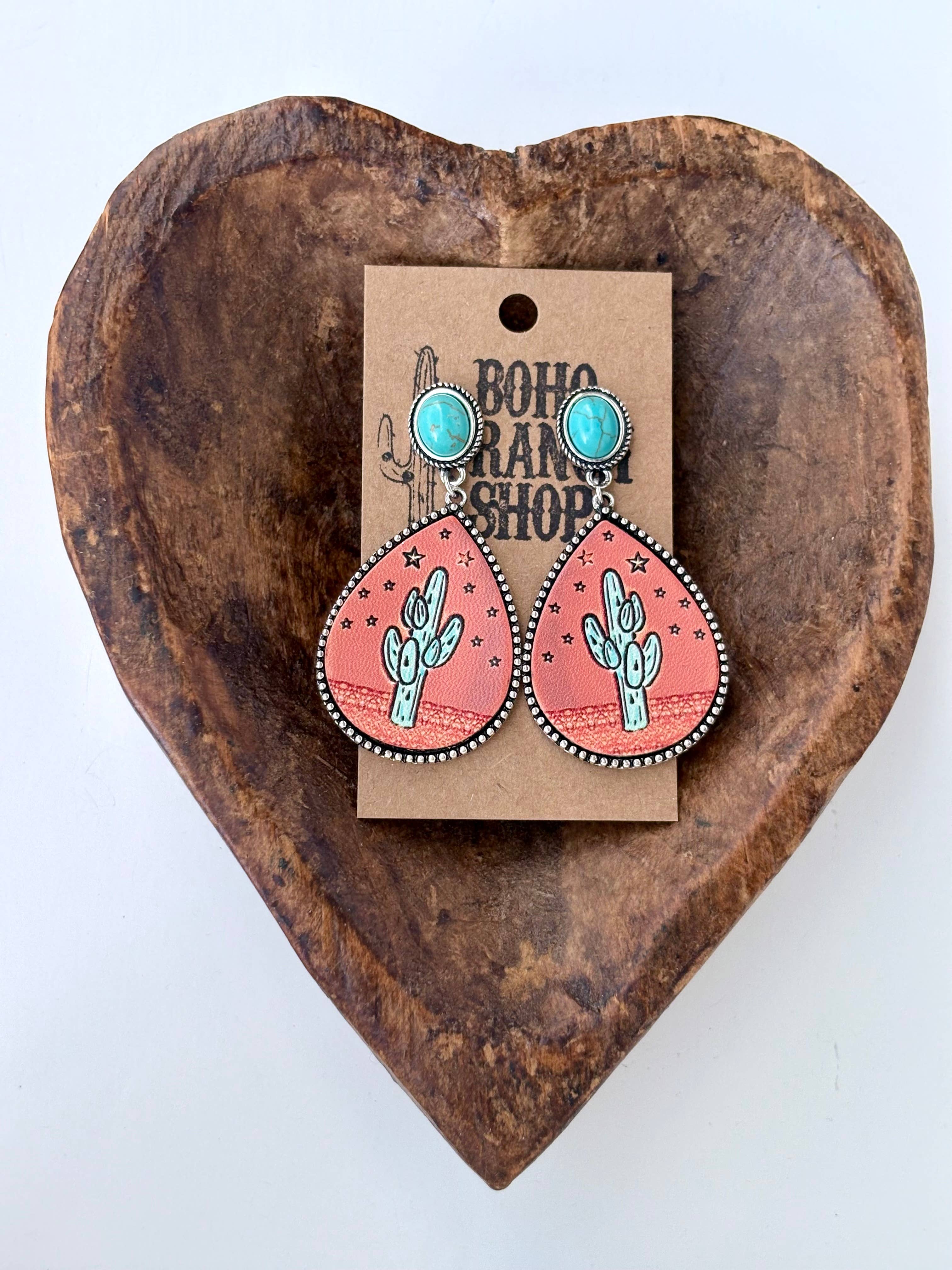 Western Style Oval Stone & Leather Cactus Post Drop Earrings