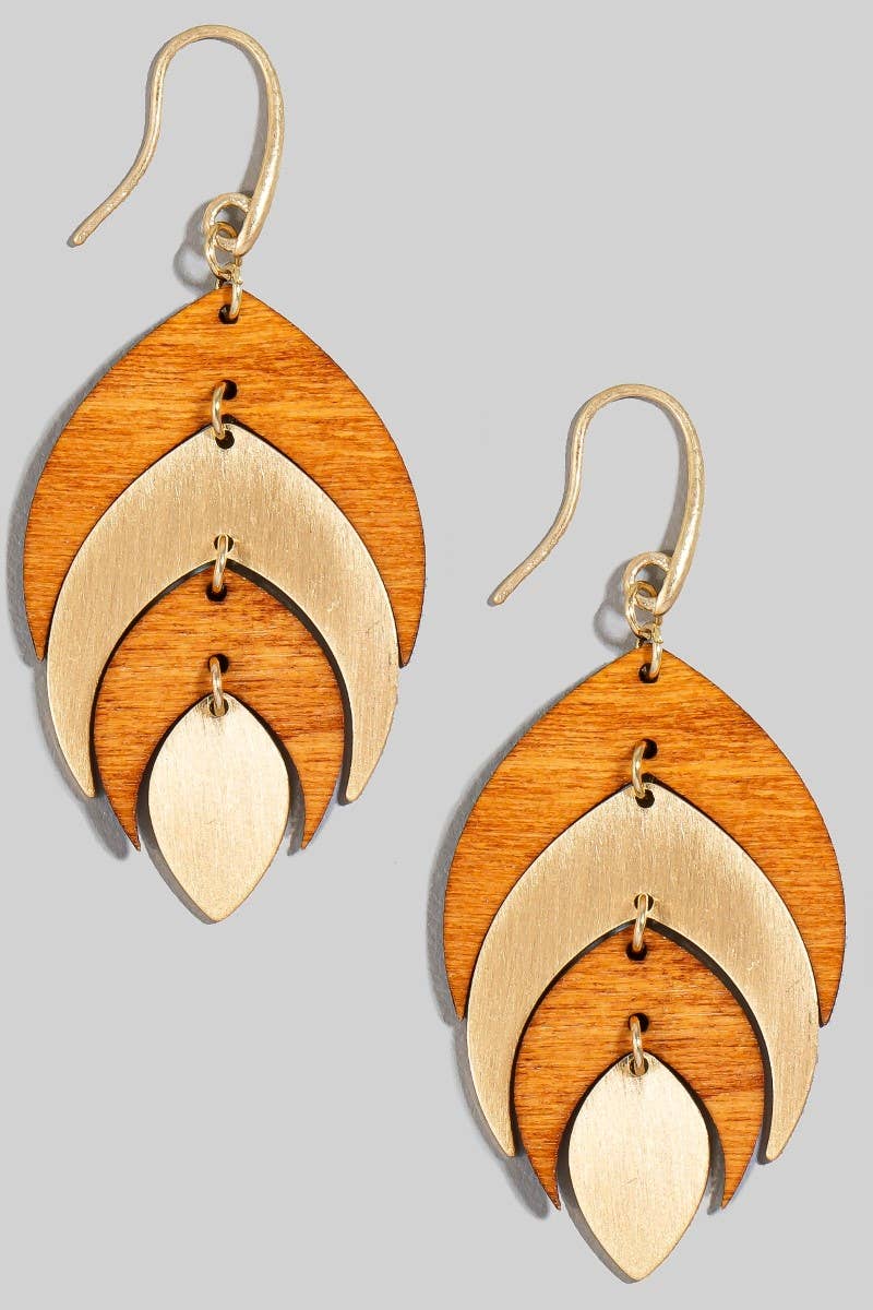Wood And Metallic Leaf Dangle Hook Earrings