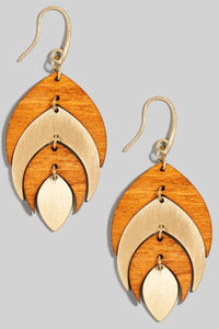 Wood And Metallic Leaf Dangle Hook Earrings