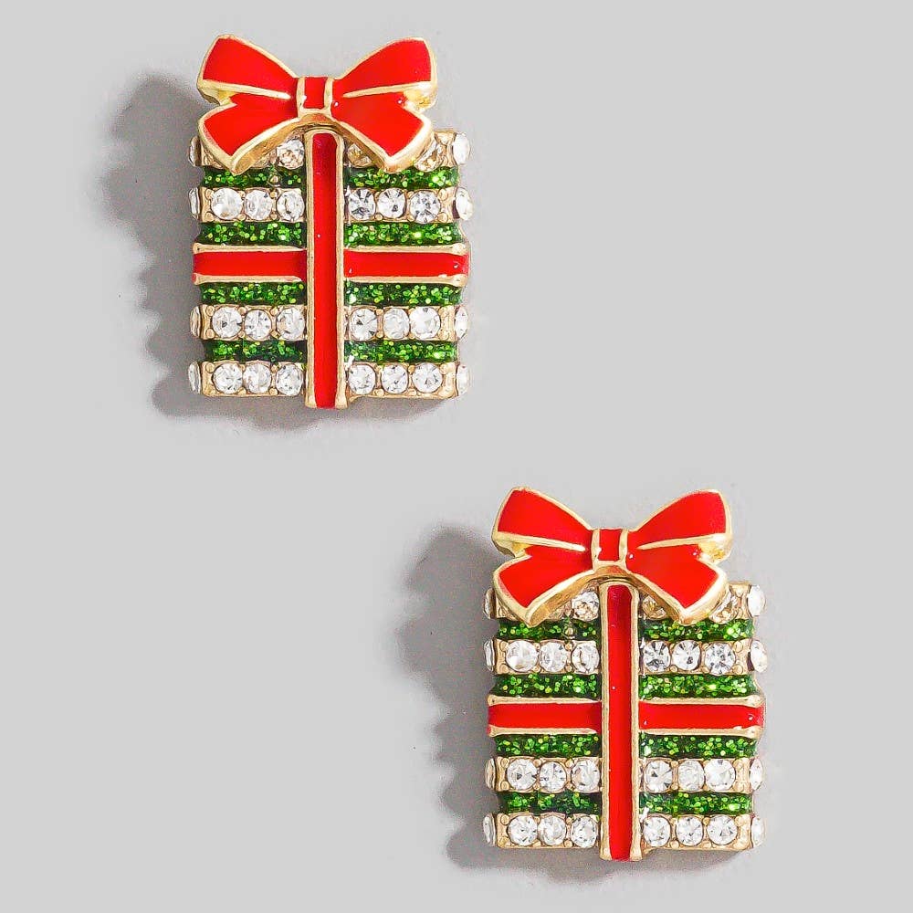Enamel Pave Christmas Present Stud Earrings