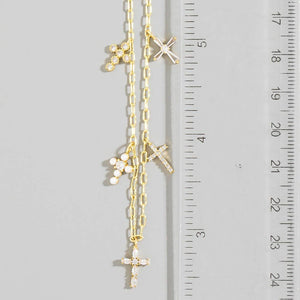 Gold Dipped Cz And Pearl Cross Charms Necklace
