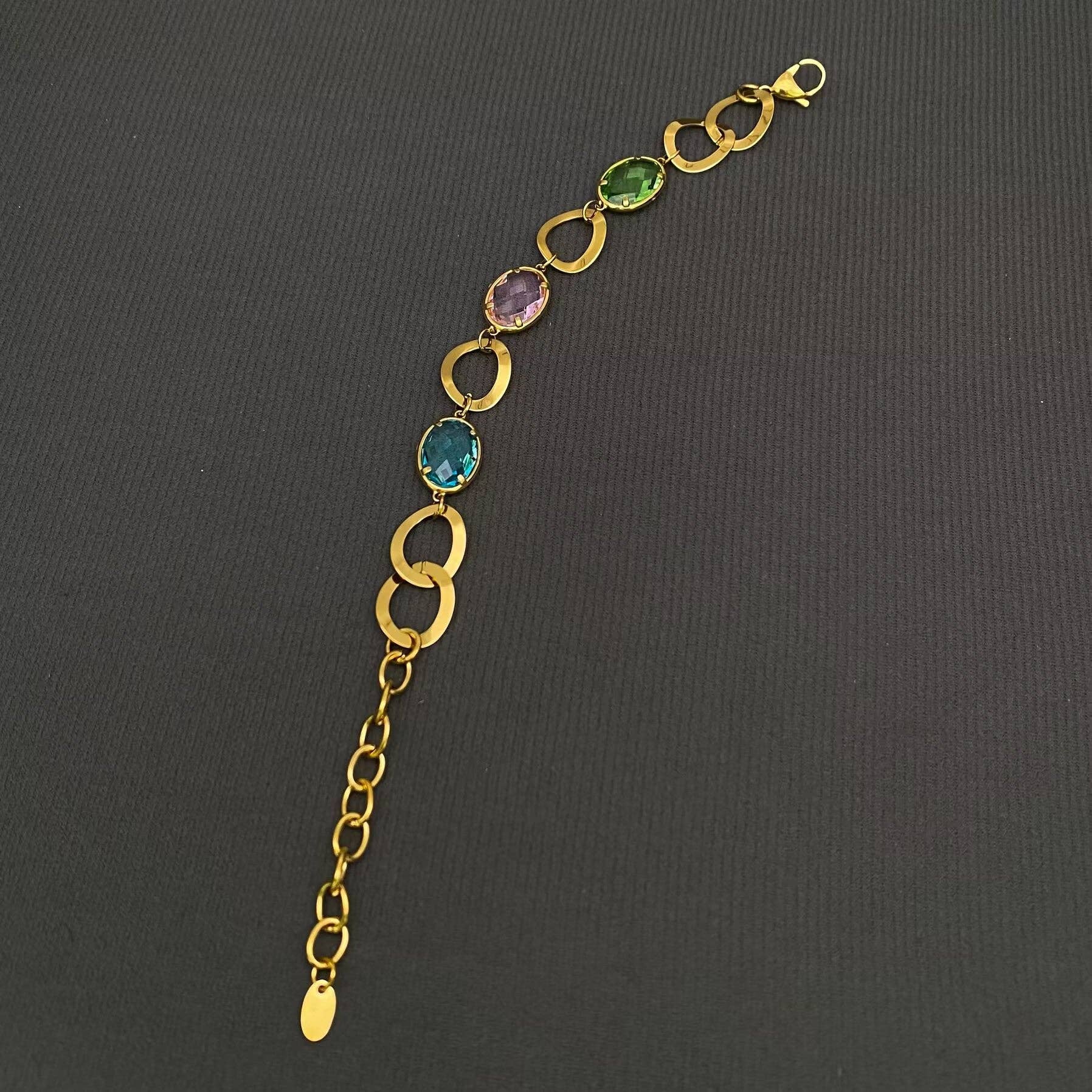 3 Color Oval Crystal 18K Golden SS Ring Linked Bracelet