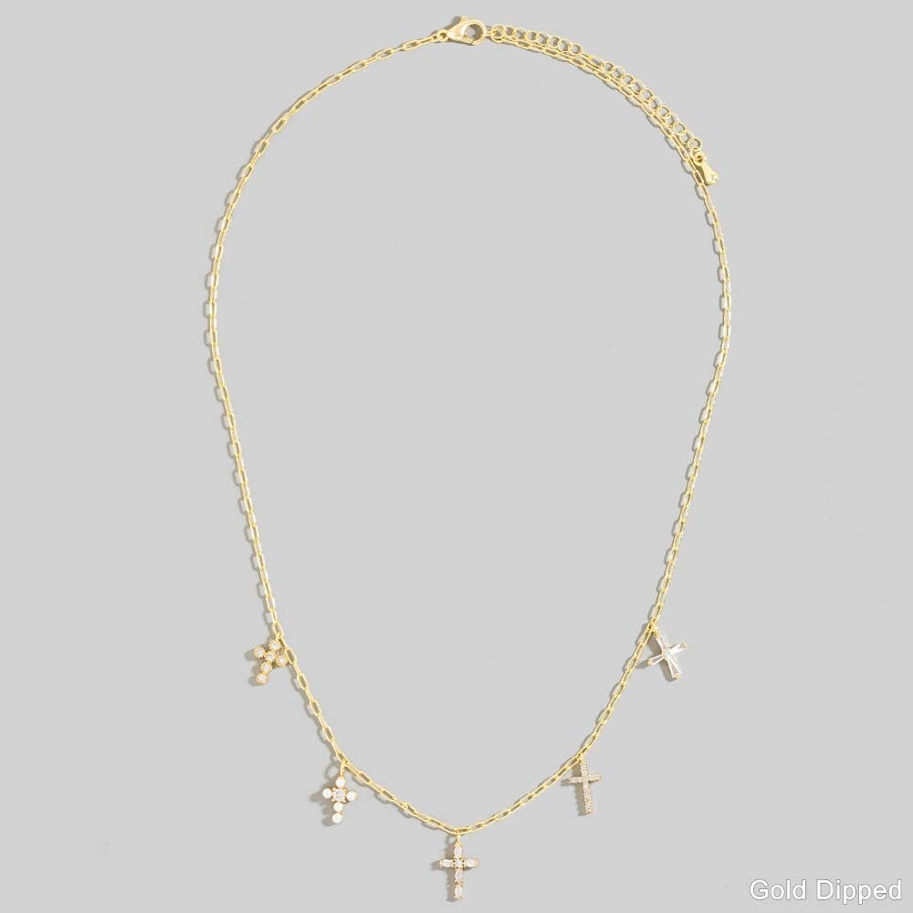 Gold Dipped Cz And Pearl Cross Charms Necklace