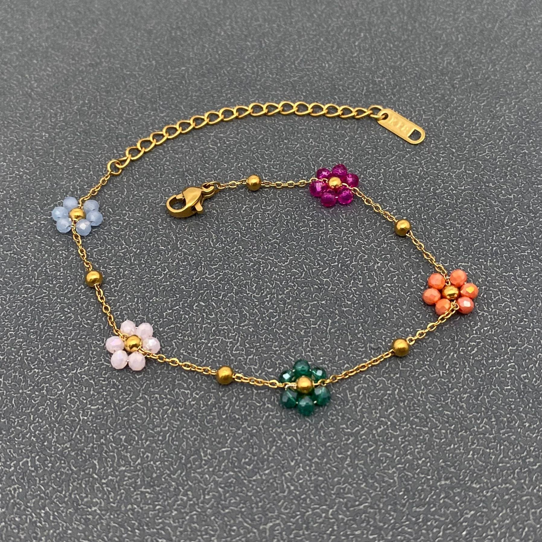 5 Color Glass Beaded Flowers 18K Gold Plated SS Bracelet