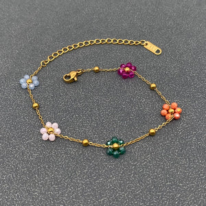 5 Color Glass Beaded Flowers 18K Gold Plated SS Bracelet