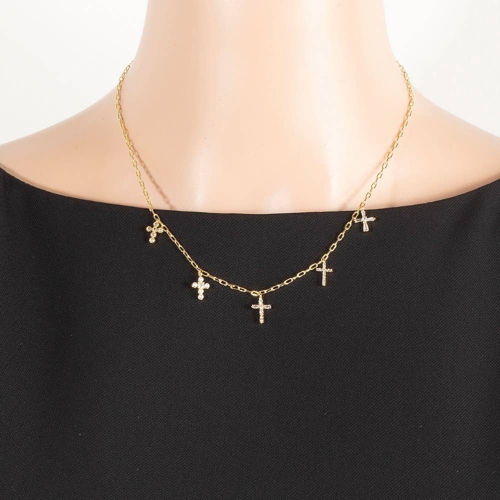 Gold Dipped Cz And Pearl Cross Charms Necklace