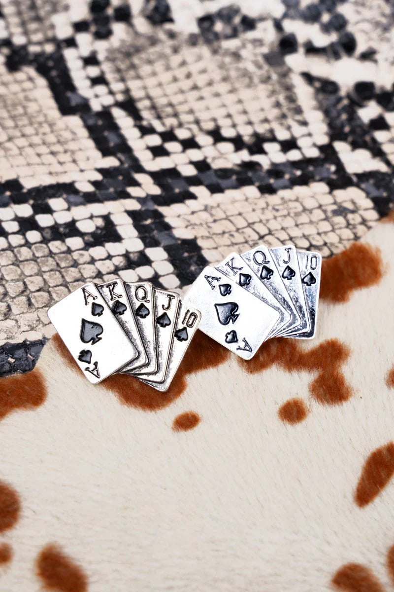 ROYAL FLUSH SPADES SILVERTONE EARRINGS, .75"