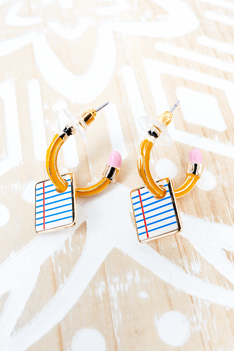 SHINY LUXE CLASSROOM COUTURE YELLOW PENCIL HOOP EARRINGS