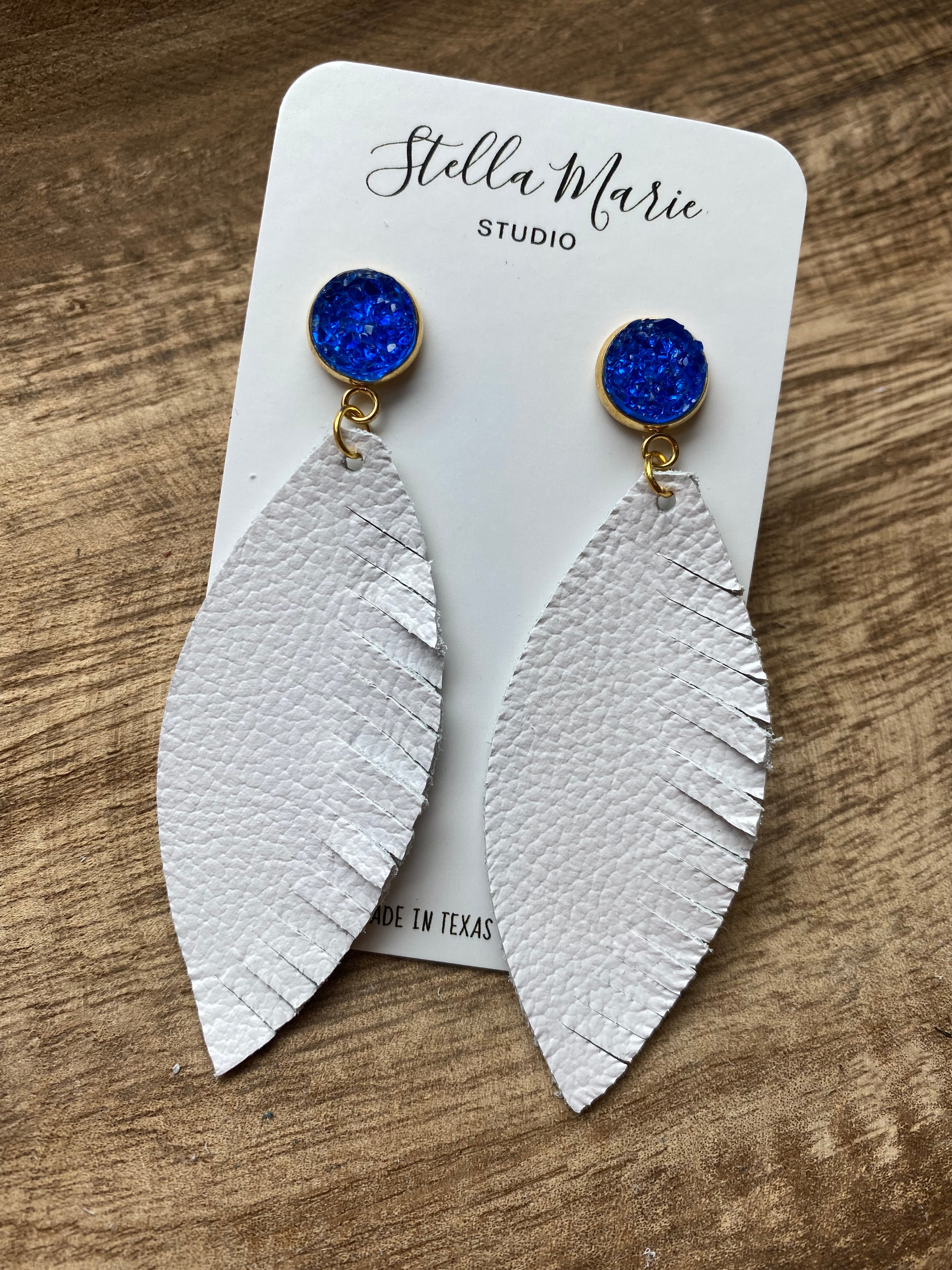 Royal Blue & White Side Fringe Earrings