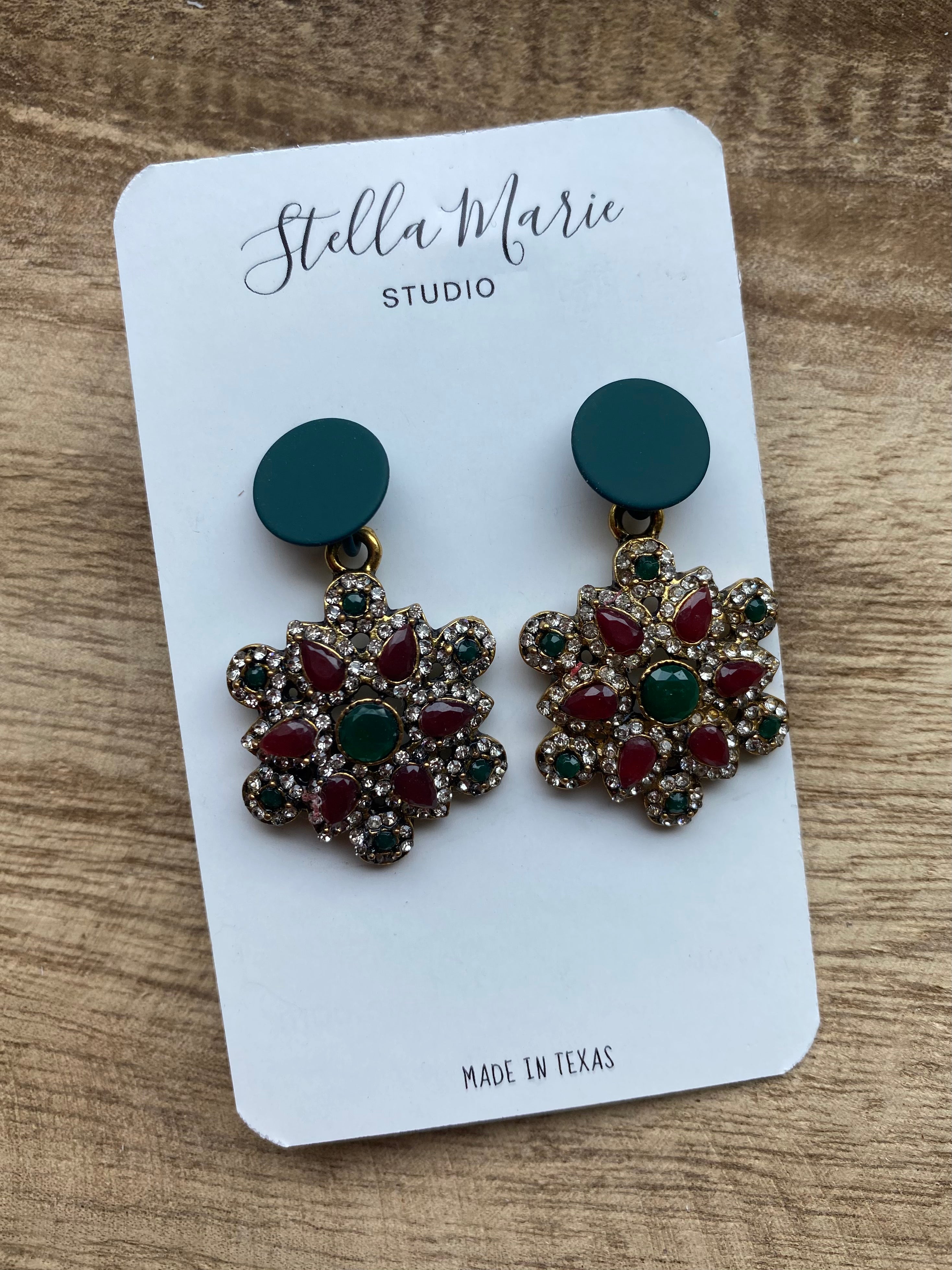 Burgundy & Green Ornate Earrings