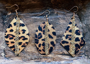 MULTIPLE SHAPES: Metallic Leopard Print Leather Earrings w/Gold Chain